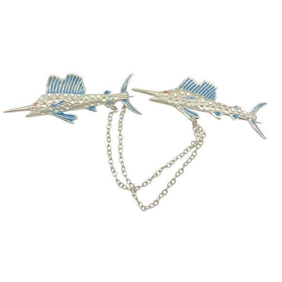 Vintage Swordfish Sweater Clip Brooch With Chain Silver & Blue Enamel Nautical - Picture 1 of 3